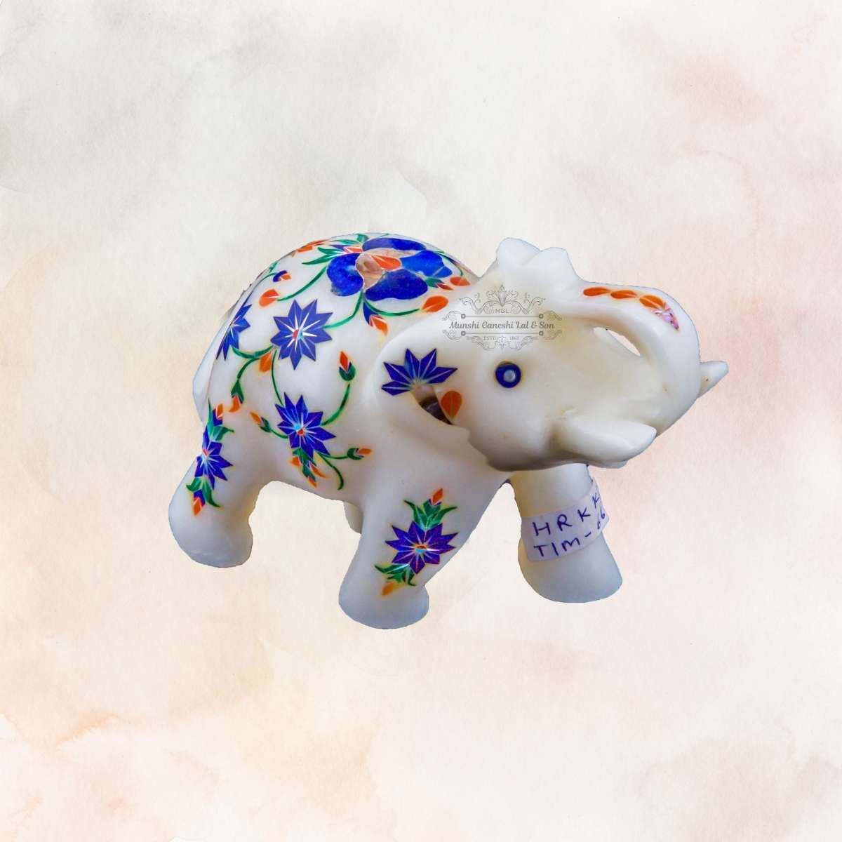 Blue & Orange Flower Designed Marble Elephant